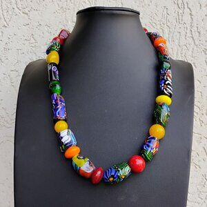 Italian Venetian Millefiori Glass African Trade Bead Necklace 20" Chunky Oblong